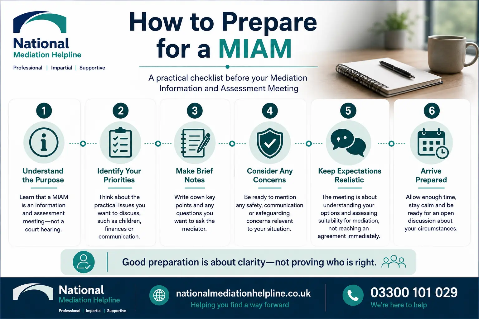 How to prepare for a miam in Gloucestershire How to prepare for a miam infographics , explaining How to prepare for a miam in Gloucestershire: Understand how to prepare for a miam in 6 Steps